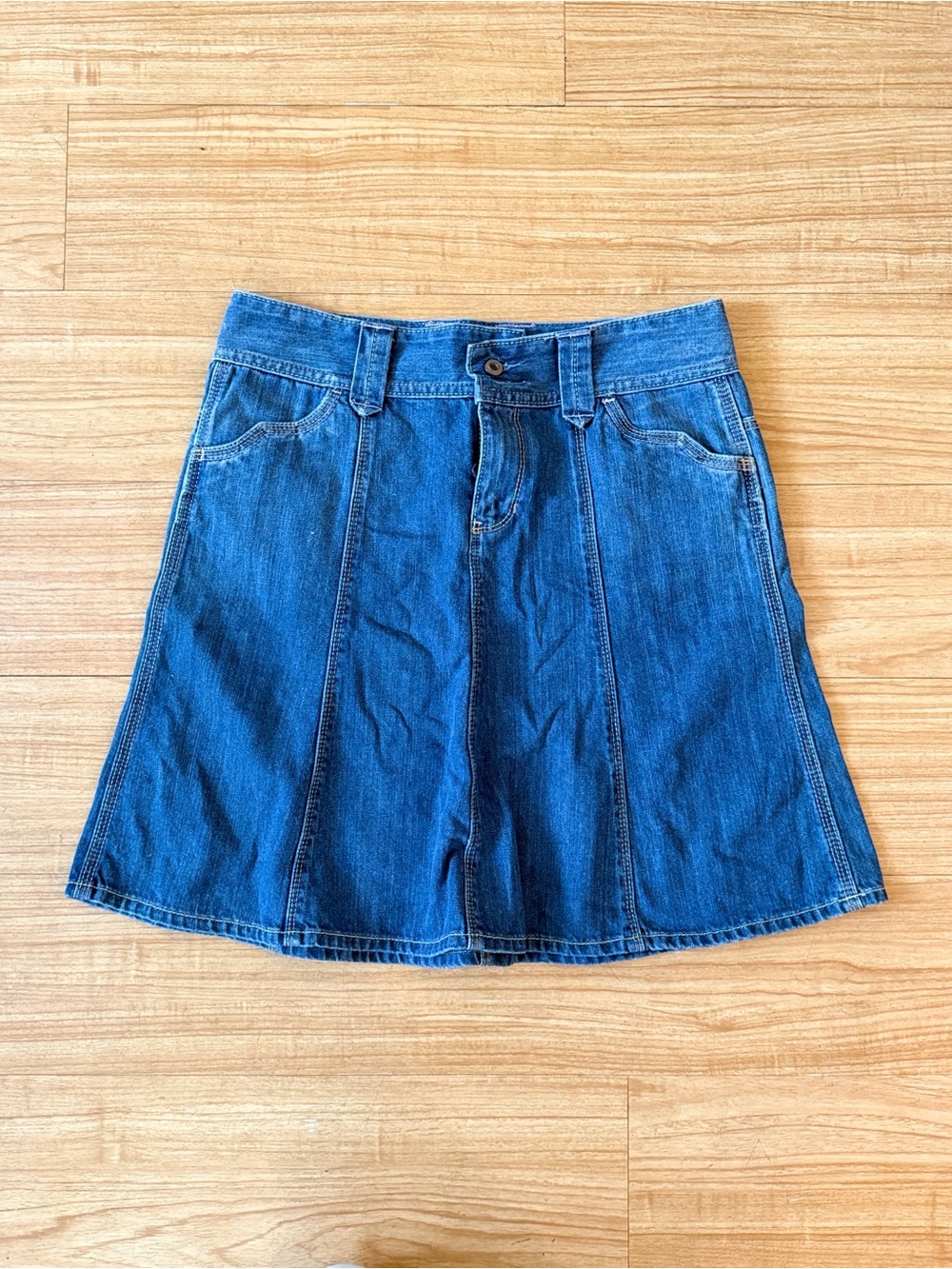 Vintage Gap Denim A-Line Skirt + Unique Yoke + Pink Stitching
